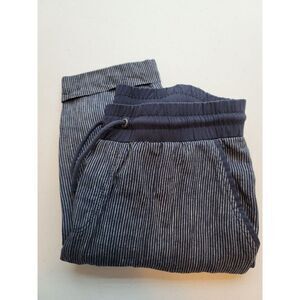 Athelta 100% Linen Casual Bali Cuffed Ankle Pants Womens 6 Navy Striped Drawstri